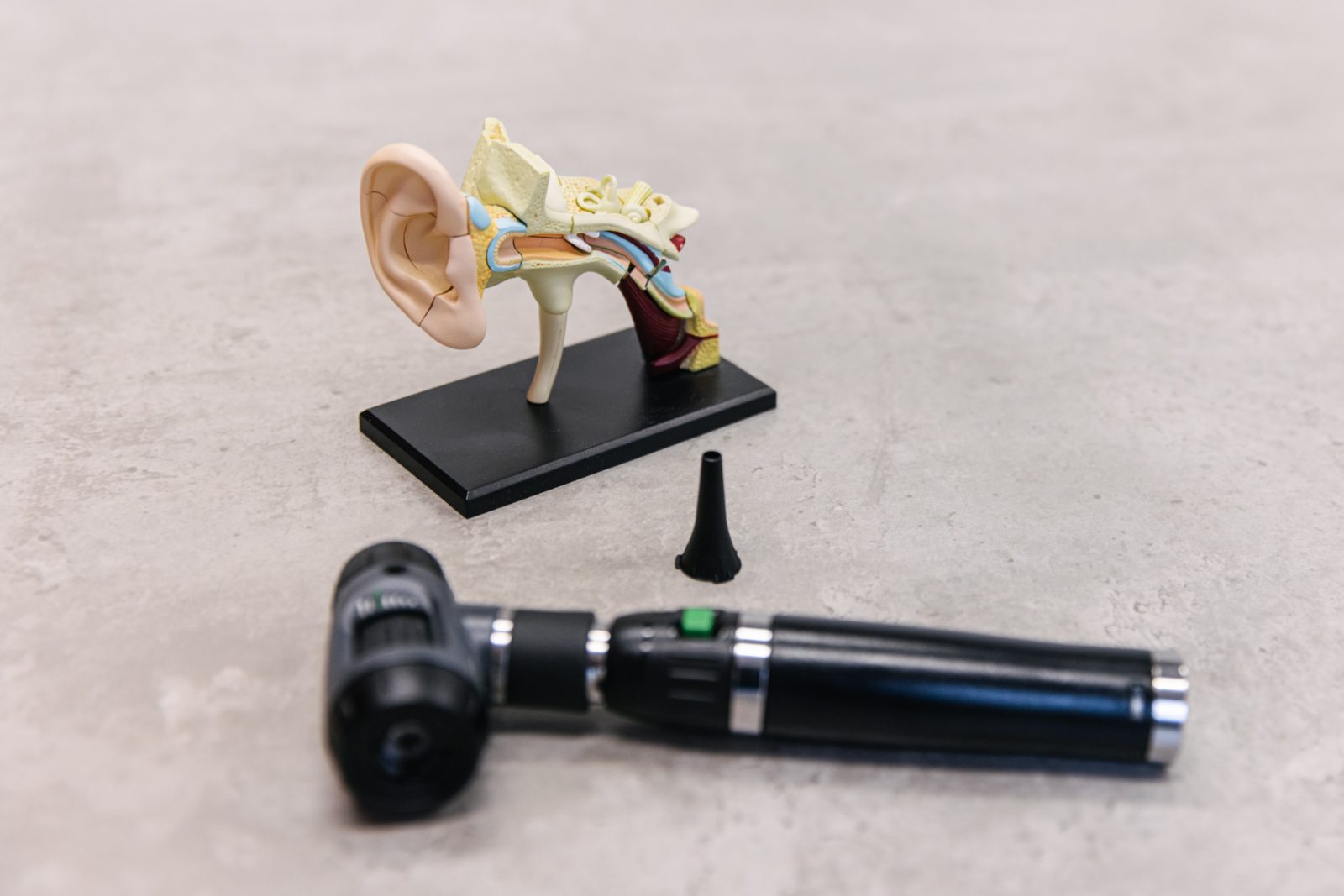Looking in a client's ear with an otoscope